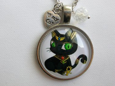 Black green eye Egyptian Cat Bast cabochon charm pendant necklace