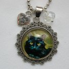 Black Cat silver flower cabochon charm pendant necklace Black Cat silver flower cabochon charm pendant necklace