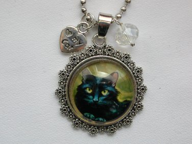 Black Cat silver flower cabochon charm pendant necklace