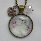 White Dog poodle pink flower cabochon charm pendant necklace