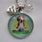 Dog brown white in daisy flowers cabochon charm pendant necklace