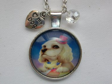 Dog cocker spaniel with scarf and hat cabochon charm pendant necklace