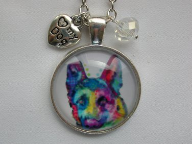 Rainbow Dog german shepherd  cabochon charm pendant necklace