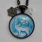 Wolf blue aqua snow cabochon snowflake charm pendant necklace