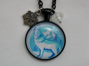 Wolf blue aqua snow cabochon snowflake charm pendant necklace