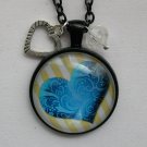 Heart blue swirl yellow stripe cabochon charm pendant necklace Heart blue swirl yellow stripe cabochon charm pendant necklace