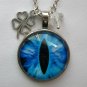 Aqua blue evil Eye cabochon clover charm pendant necklace