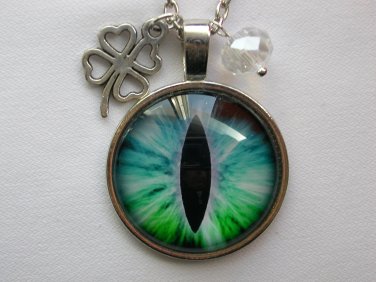 Green aqua blue evil Eye cabochon clover charm pendant necklace