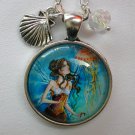 Mermaid jellyfish blue cabochon charm pendant necklace
