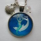 Mermaid dolphin blue cabochon charm pendant necklace