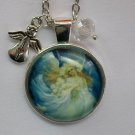 Angel with flowers blue cabochon charm pendant necklace