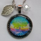 Tree of Life rainbow cabochon leaf charm pendant necklace