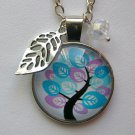 Tree blue pink leaves cabochon charm pendant necklace Tree blue pink leaves cabochon charm pendant necklace