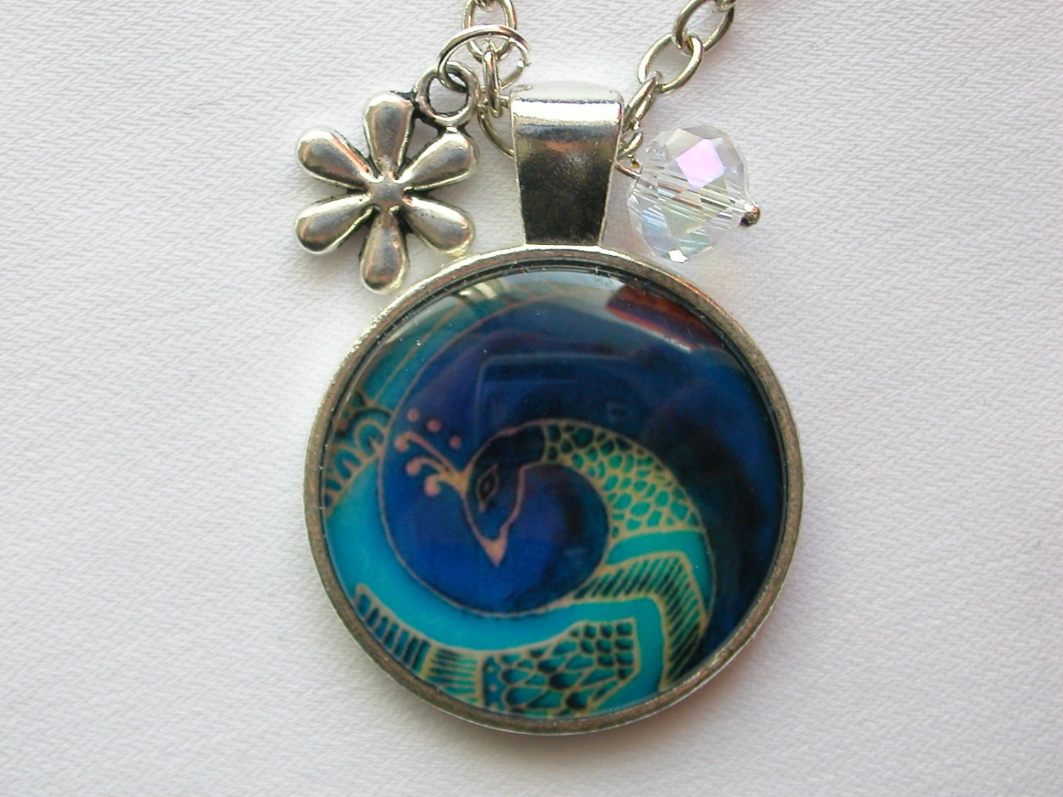 Blue aqua Peacock spiral cabochon charm pendant necklace