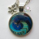 Blue aqua Peacock spiral cabochon charm pendant necklace