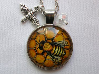 Bumble Bee on hive cabochon charm pendant necklace
