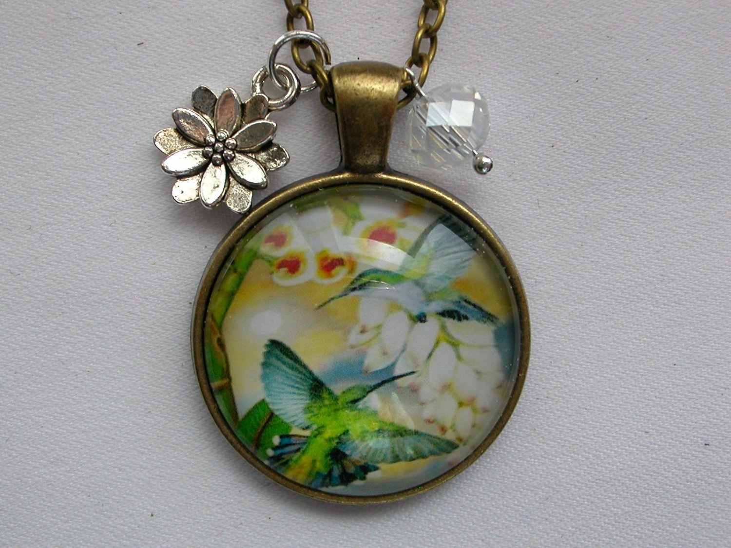 Green Hummingbirds bird cabochon flower charm pendant necklace