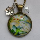 Green Hummingbirds bird cabochon flower charm pendant necklace