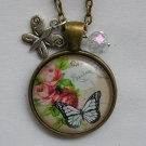 Butterfly pink rose flower cabochon charm pendant necklace Butterfly pink rose flower cabochon charm pendant necklace