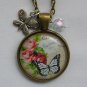 Butterfly pink rose flower cabochon charm pendant necklace