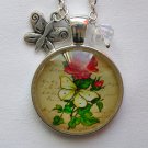 Yellow Butterfly rose flower cabochon charm pendant necklace