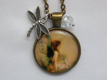 Fairy brown cabochon dragonfly charm pendant necklace