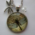 Dragonfly on cursive writing cabochon charm pendant necklace Dragonfly on cursive writing cabochon charm pendant necklace