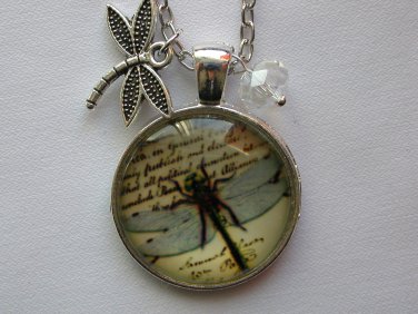 Dragonfly on cursive writing cabochon charm pendant necklace