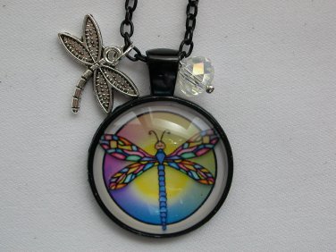 Rainbow Dragonfly cabochon charm pendant necklace