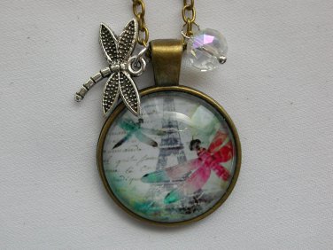 Dragonfly Eiffel Tower cabochon charm pendant necklace