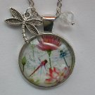 Red Blue Dragonfly pink flower cabochon charm pendant necklace