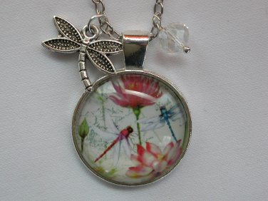 Red Blue Dragonfly pink flower cabochon charm pendant necklace