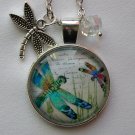 Aqua blue dual Dragonflies cabochon charm pendant necklace