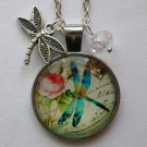 Aqua blue Dragonfly with rose cabochon charm pendant necklace