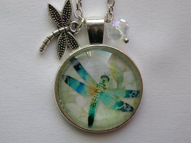Blue aqua dragonfly cabochon charm pendant necklace