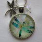 Blue aqua dragonfly cabochon charm pendant necklace