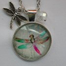 Pink green dragonfly cabochon charm pendant necklace Pink green dragonfly cabochon charm pendant necklace