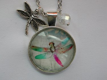 Pink green dragonfly cabochon charm pendant necklace