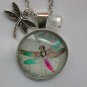 Pink green dragonfly cabochon charm pendant necklace