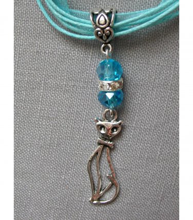 Cat charm crystal bead pendant on aqua blue purple organza necklace