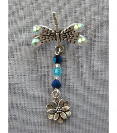 Dragonfly charm blue crystal bicone bead dangle lapel pin