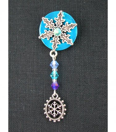 Snowflake charm aqua blue crystal bicone dangle lapel pin