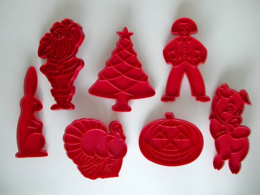 Vintage plastic cookie cutter rabbit pumpkin pig boy tree lot of 7