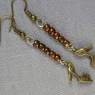 Bronze high heel shoe charm brown bead earrings