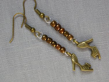 Bronze high heel shoe charm brown bead earrings