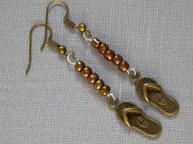 Bronze flip flop shoe charm brown bead earrings
