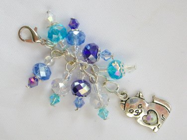 Kitty Cat Zipper Purse Charm Blue Aqua Crystal Bead