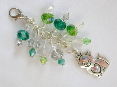 Kitty cat Zipper Purse Charm green crystal glass bead