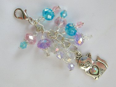Kitty cat Zipper Purse Charm pink purple blue crystal bead