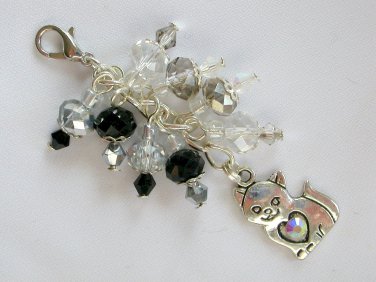Kitty cat Zipper Purse Charm grey black crystal bead